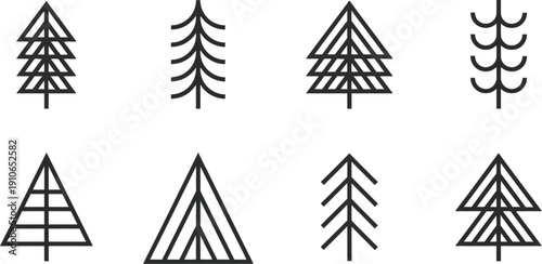Set of minimalist outline icons representing various abstract tree shapes, ideal for modern and natural design concepts.