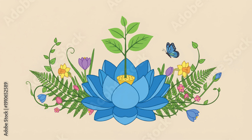 blue lotus flower with green leaves and colorful flowers and butterfly on beige background