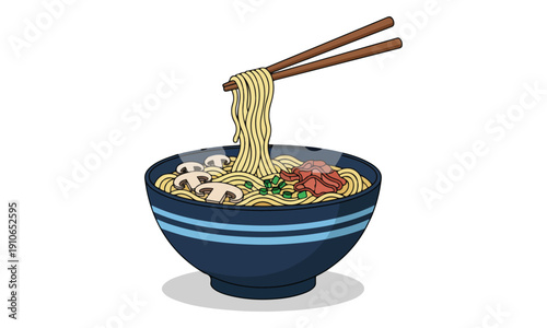 Ramen Noodles Lifted by Chopsticks from Steaming Dark Bowl Vector
