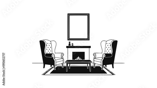 Vector illustration of elegant living room scene with two wingback armchairs facing a fireplace and coffee table, minimalist black and white illustration on a transparent background
