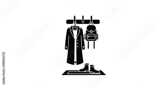 Vector illustration of coat on hanger, backpack, and boots on mat icon simple black silhouette vector graphic on a transparent background