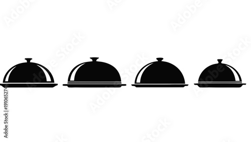 Vector illustration of set of four black silhouette food serving domes or cloches on plates, different sizes, on a transparent background