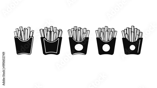 Vector illustration of set of five french fries containers icons, black and white line art style on a transparent background