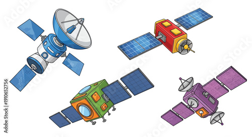 Colorful cartoon illustration depicting multiple satellites in space