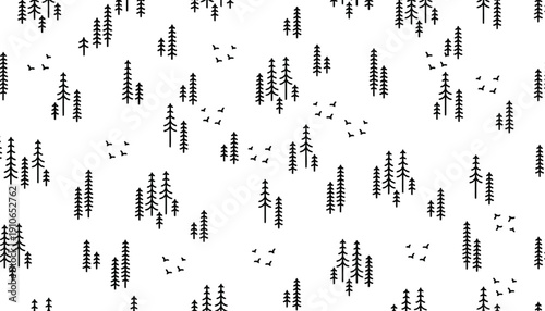 Whimsical black and white pattern of minimalist pine trees and birds in flight