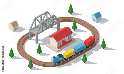 Tableau sur toile Toy Train Set Isometric View with Track, Station, and Bridge Structure