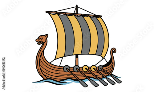 Viking Longship Drakkar Illustration with Dragon Head and Striped Sail