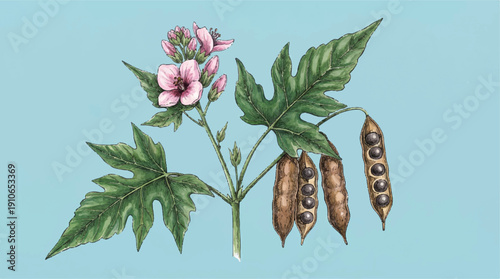 Castor oil plant with pink flowers and seed pods on blue background