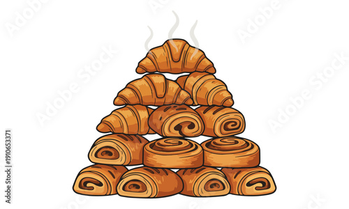 Bakery Pastry Pyramid Stack: Croissants and Cinnamon Rolls Illustration