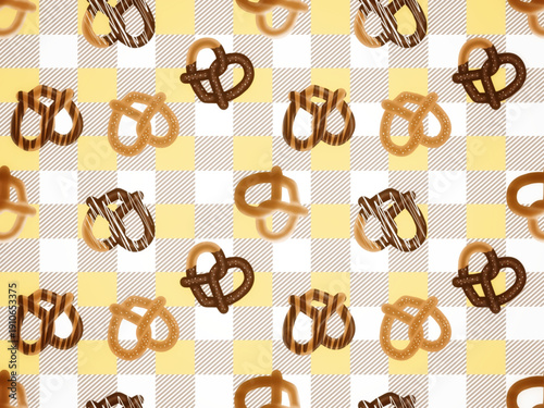 Seamless  pattern pretzel in various variant on gingham background.