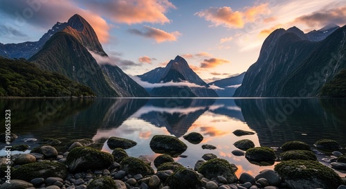 Majestic mountains and serene lake at sunrise with calm waters and rocky shoreline