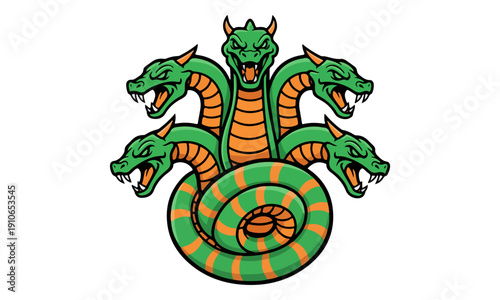 Green Five-Headed Hydra Serpent Mascot Illustration Logo Design