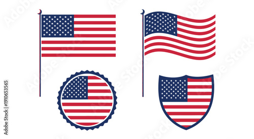 American flags displayed in various forms waving circular and shield shaped