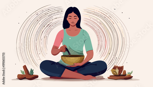 A serene woman meditates peacefully on a mat, surrounded by spiritual symbols and singing bowls in a calm environment from a front viewpoint