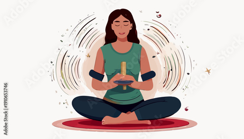 A serene woman meditates on a red mat, holding a candle in a peaceful environment from a front viewpoint