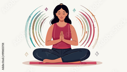 A woman meditates serenely on a yoga mat surrounded by vibrant, swirling lines and subtle diamond shapes