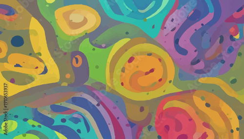Vibrant abstract illustration featuring swirling shapes, patterns, and colors in a dynamic composition viewed from directly above