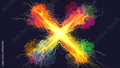 Vibrant electric explosion forming an X shape with dynamic colorful energy rays on a dark background