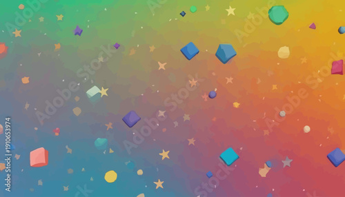 Vibrant geometric shapes and stars scattered across a colorful gradient background viewed from directly above