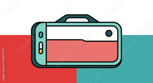 A colorful illustration of a camera on a red and blue background