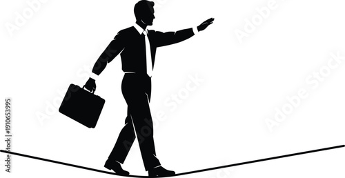 Businessman balancing on tightrope carrying briefcase risk management challenge concept silhouette vector illustration isolated on white background business success metaphor