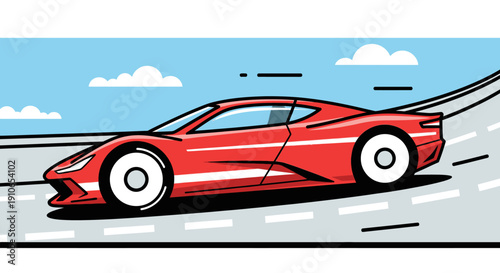 A red sports car speeds along a winding road on a sunny day with clouds.