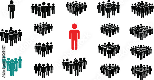 Collection of community and crowd icons featuring different group sizes, human figures, leadership concepts, and business team symbols isolated on a white background.