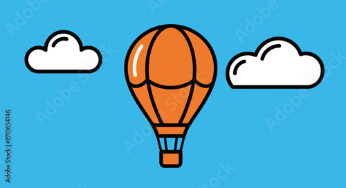 A hot air balloon flies through a clear blue sky with fluffy white clouds.