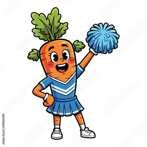 A cheerful cartoon carrot mascot wearing a blue cheerleading outfit and holding a pom-pom