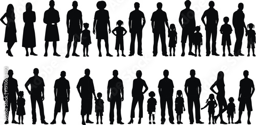 Family silhouettes collection showing parents children and diverse generations standing together vector illustration isolated on white background social concept unity theme