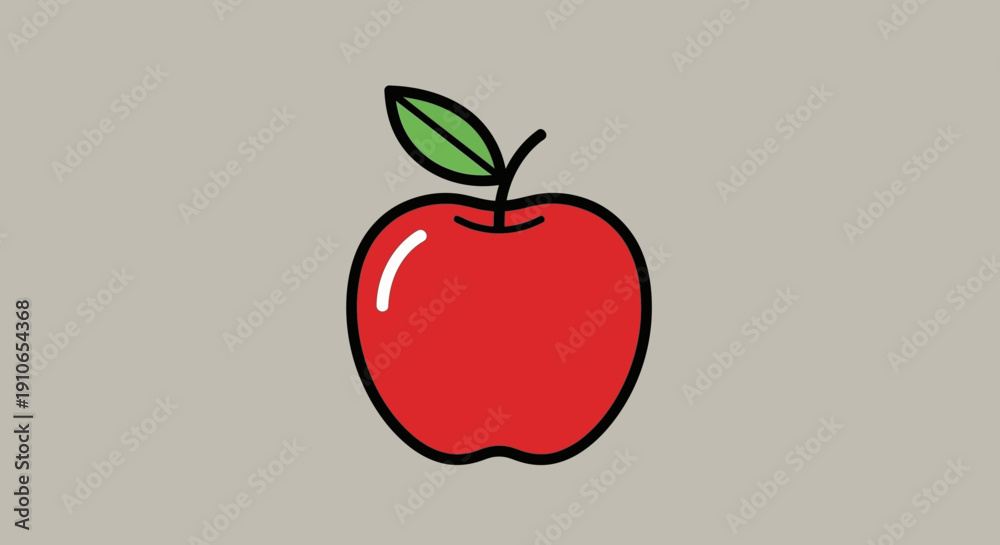 Fototapeta premium Illustration of a red apple with a green leaf on a neutral background viewed from the front