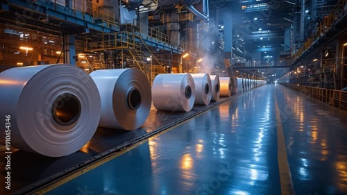 Wallpaper Mural Massive paper rolls are arranged in a row on the gleaming floor of a factory interior, surrounded by operating industrial machinery and a hint of steam Torontodigital.ca