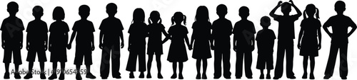Large group of diverse children silhouettes standing in a row together for unity and friendship isolated on white background for school and childhood concepts.