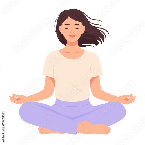 Woman meditating in lotus pose, eyes closed, calm expression. Mindfulness and breathing concept.Vector Illustration