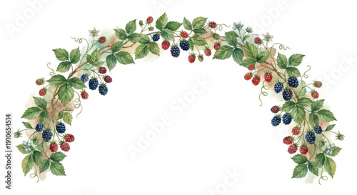 Watercolor illustration, elegant archway border made of wild climbing vines, green leaves, and wild forest berries like blackberries and raspberries, natural framing, isolated on white background