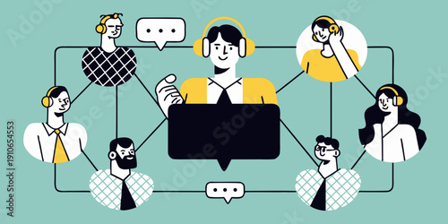 Diverse people connected through communication and technology using headsets