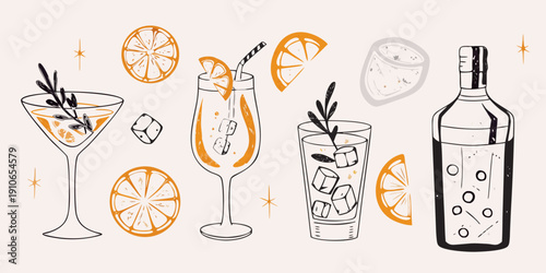 Stylized illustration of various cocktails and citrus fruit slices