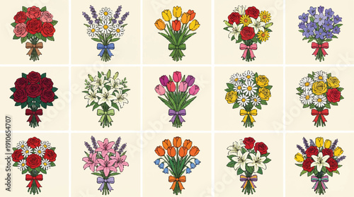 Collection of various colorful flower bouquets with ribbons on beige background