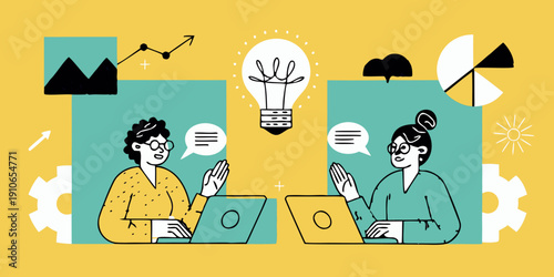 Two women collaborate on laptops with creative elements surrounding them