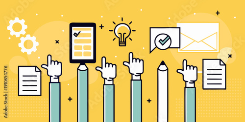 Hands selecting icons representing technology communication and productivity