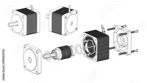 AC Servo Motor for CNC, Robotics - Exploded View - Darwing. 3D rendering isolated on white background. 3D Mesh, Sketch, Vector style. Ideal for educational, engineering, and industrial design.