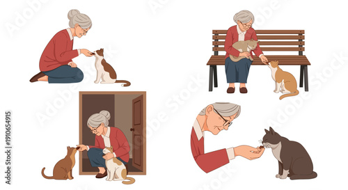 Elderly woman interacting with cats in various heartwarming scenes