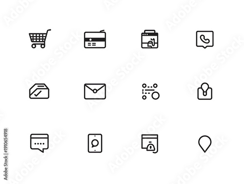 A versatile collection of minimalist line art vector icons for modern web and mobile interface designs, encompassing essential symbols for business, communication, and digital services