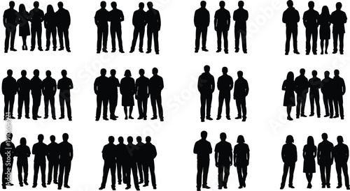 Silhouettes of diverse groups of people standing together in pairs and small gatherings, representing social interaction, unity, friendship, and community illustration