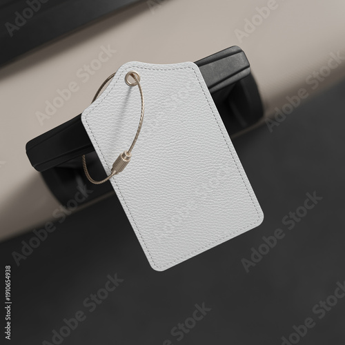 Leather luggage tag on suitcase handle mockup. 3D rendering