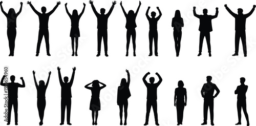 Silhouettes of diverse people in expressive poses, celebrating individuality and body language, perfect for psychology, communication, design, and creative visual projects