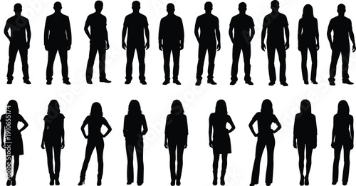 Silhouettes of men and women in diverse poses and clothing styles, arranged in rows, representing human figures, posture, diversity, and demographic illustration