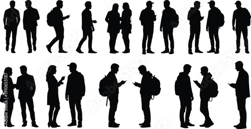 Silhouettes of pairs of people in casual and semi‑formal attire, conversing, walking, and standing together, representing social interaction, communication, and lifestyle illustration