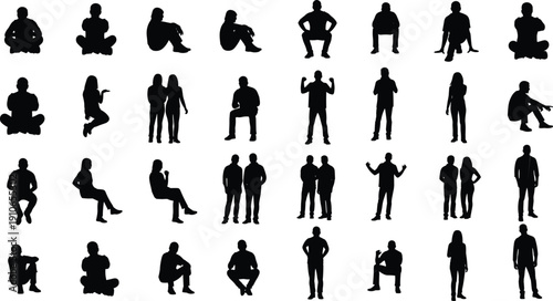 Silhouettes of people in diverse poses including sitting, squatting, standing, pointing, and gesturing, arranged in grid, representing posture, body language, and social interaction