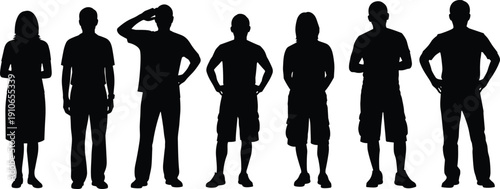 Silhouettes of seven diverse people standing in a row, each with unique posture and clothing style, representing individuality, fashion, and body language illustration